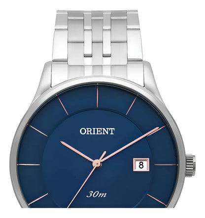 Relógio Masculino Prata Orient Fundo Azul Mbss1293 Prateado